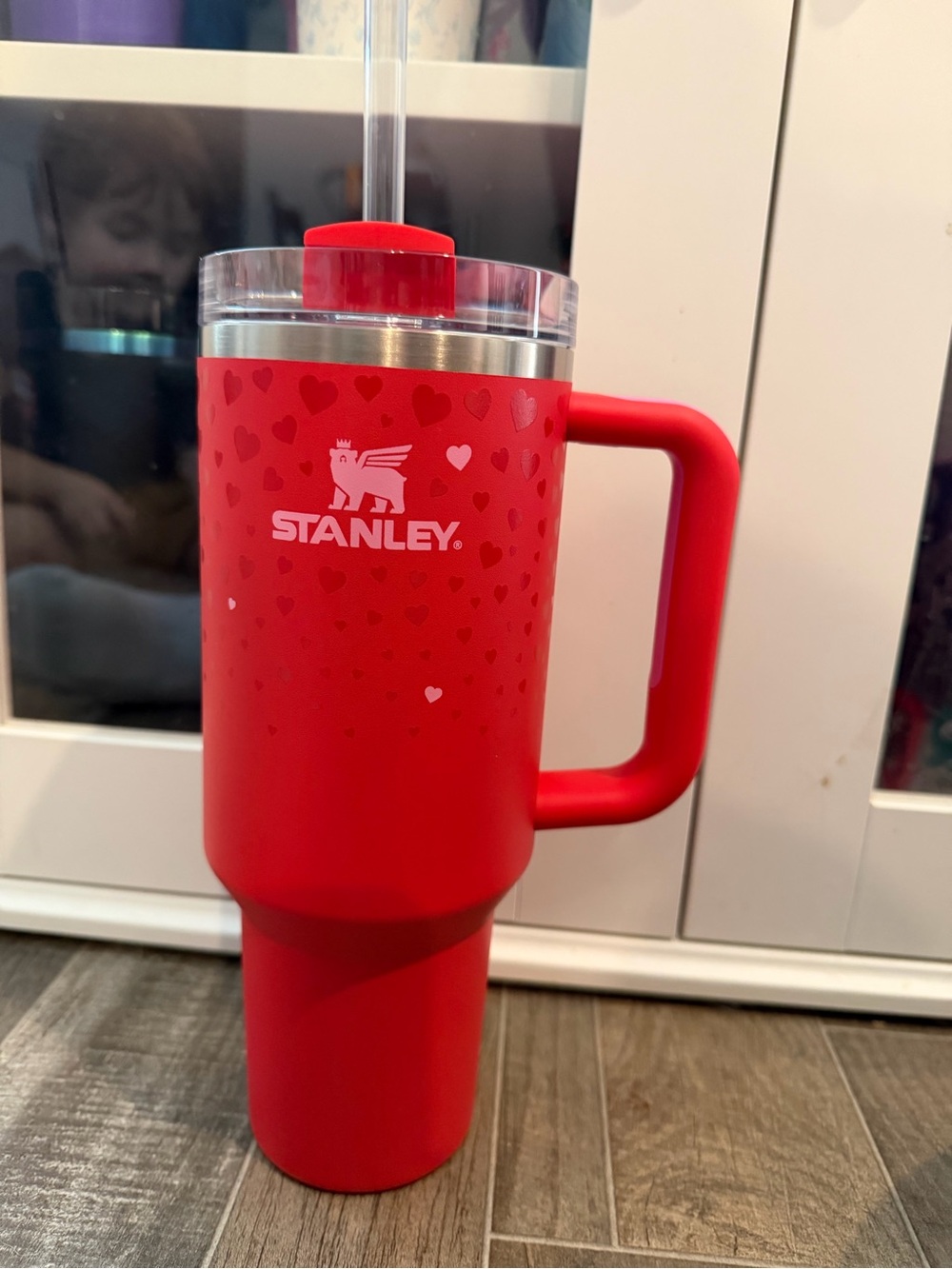 Stanley Red Travel Tumbler with Handle and Heart Pattern